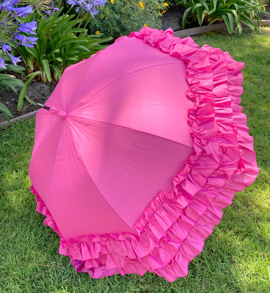 Frilly Pink Umbrella | Large Dome 3 Row Pink Ruffles