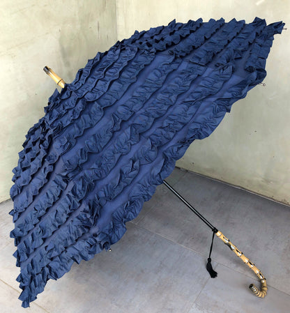 Full Frill Navy Umbrella | Faux Bamboo Handle