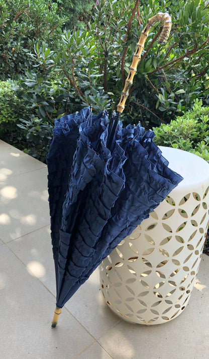 Full Frill Navy Umbrella | Faux Bamboo Handle