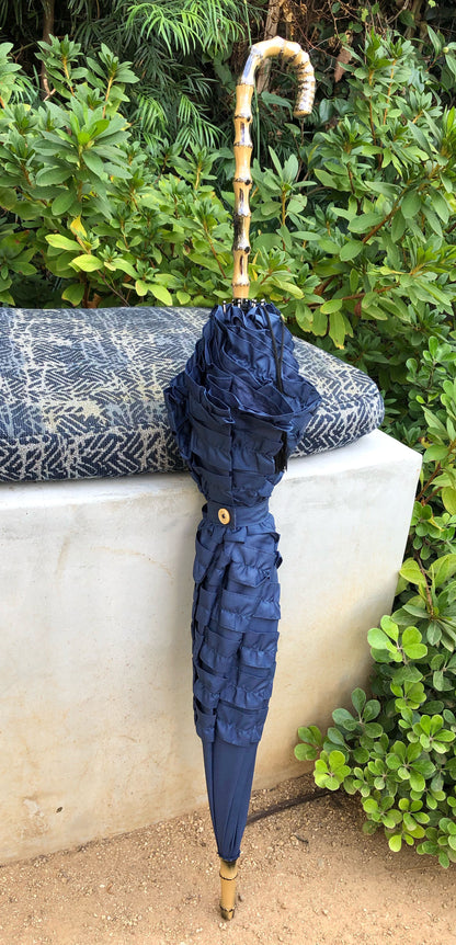 Full Frill Navy Umbrella | Faux Bamboo Handle