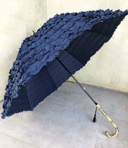 Full Frill Navy Umbrella | Faux Bamboo Handle