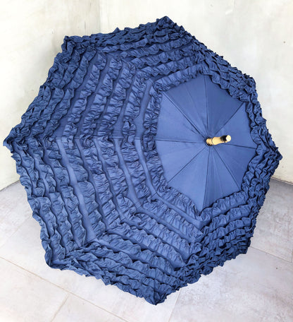 Full Frill Navy Umbrella | Faux Bamboo Handle