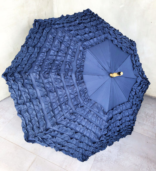 Full Frill Navy Umbrella | Faux Bamboo Handle