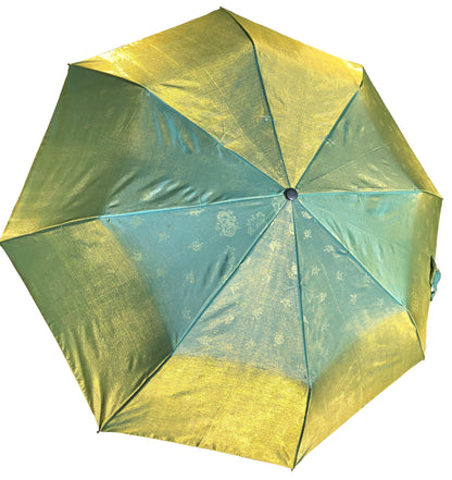 Green Yellow Iridescent Umbrella | 3-Fold Compact | Subtle Floral Design