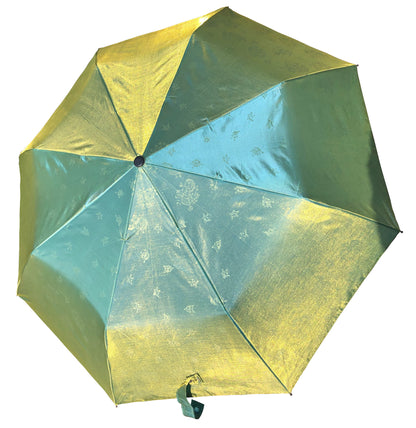 Green Yellow Iridescent Umbrella | 3-Fold Compact | Subtle Floral Design