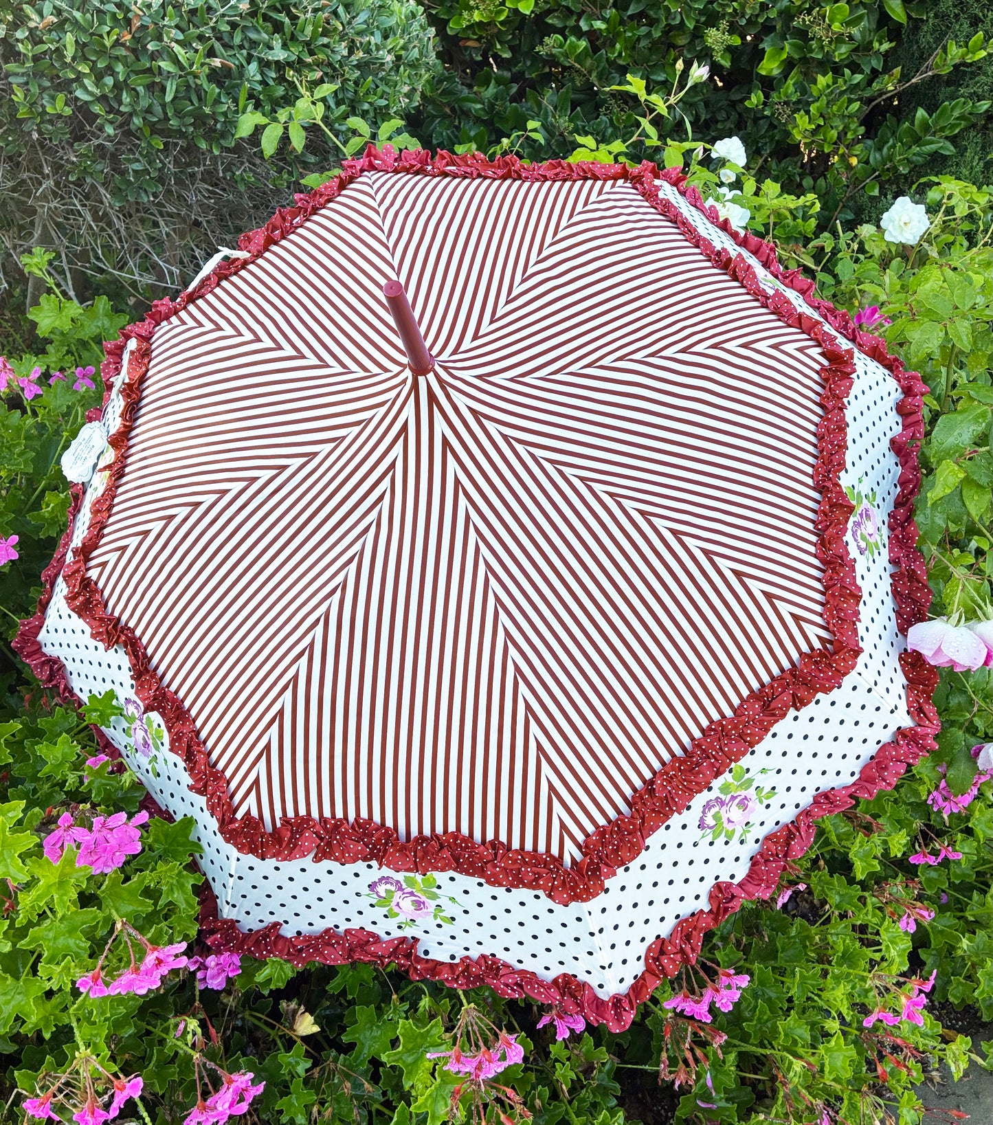 Burgundy Rose Design | Double Frill | Stripes and Polka Dots