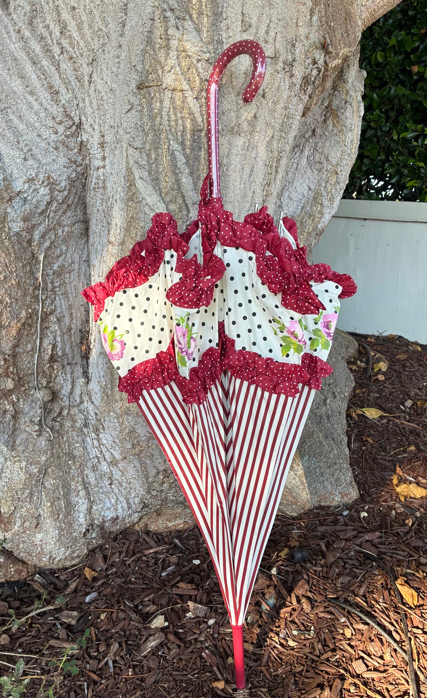 Burgundy Rose Design | Double Frill | Stripes and Polka Dots