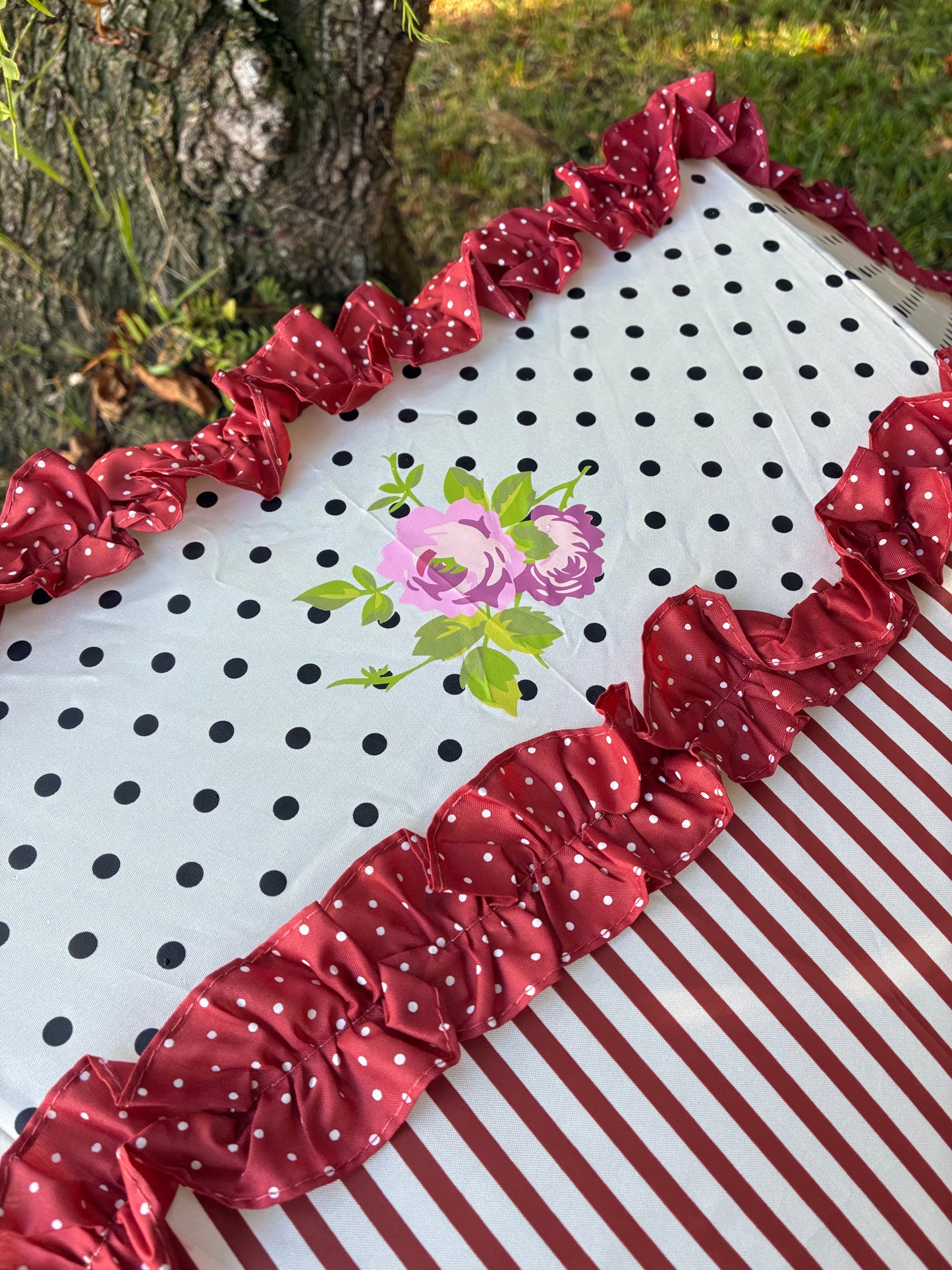 Burgundy Rose Design | Double Frill | Stripes and Polka Dots