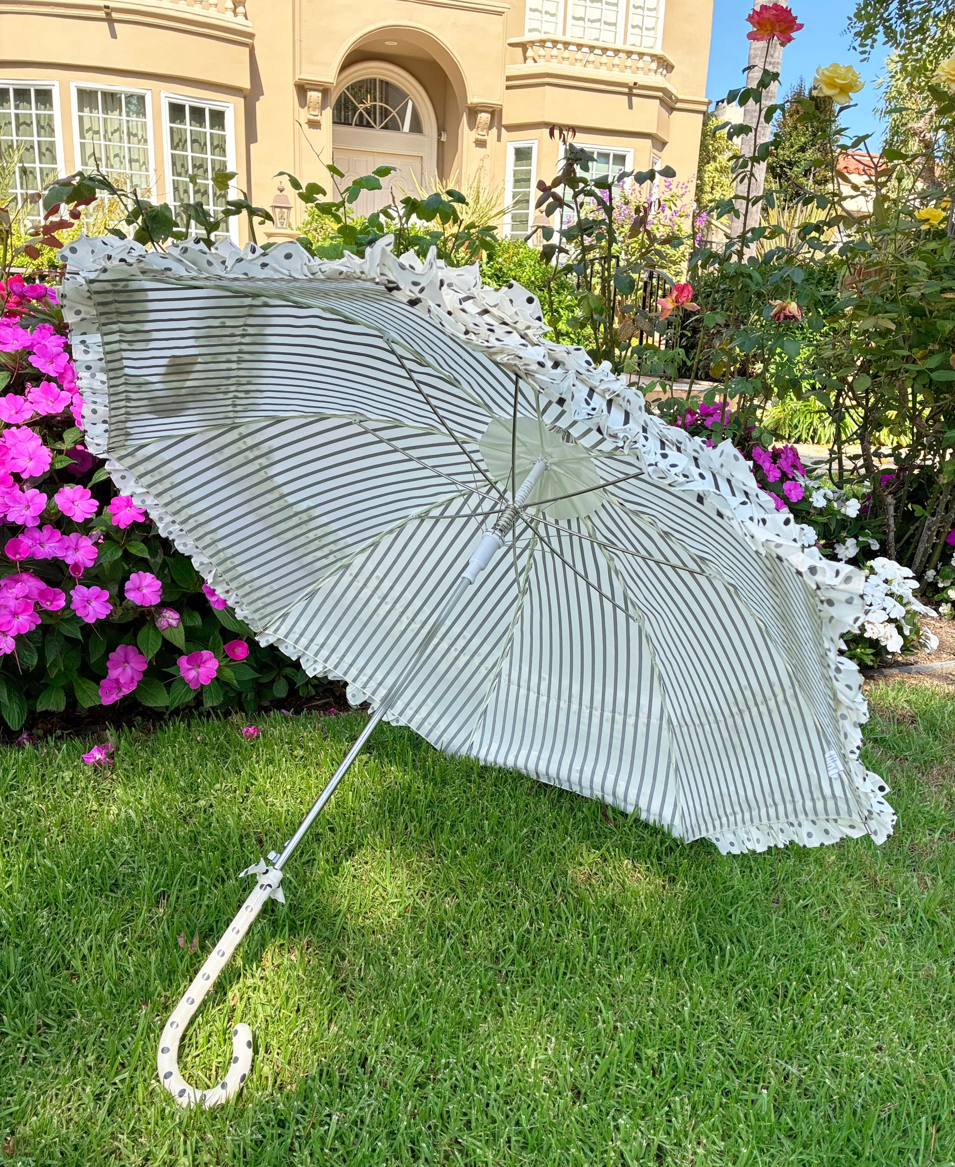 black and white polka dot patio umbrella Frilly Stripes And Polka Dots Umbrella