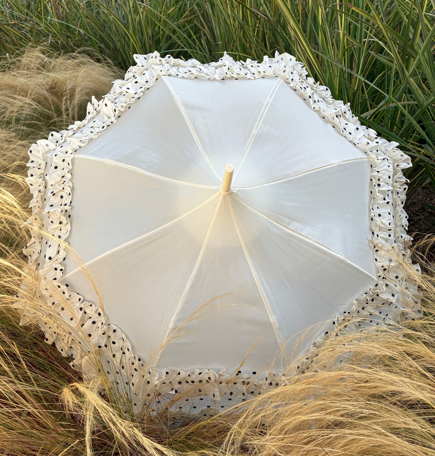 Polka Dots and Frill Umbrella | Pagoda Shaped Canopy | One Year Warranty