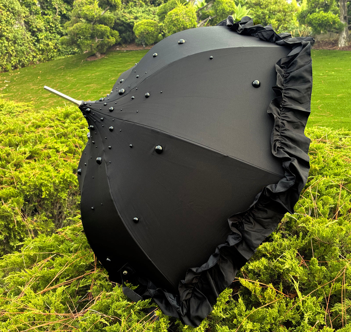 Margot Black Pearls and Ruffles Umbrella | Lisbeth Dahl European Pagoda