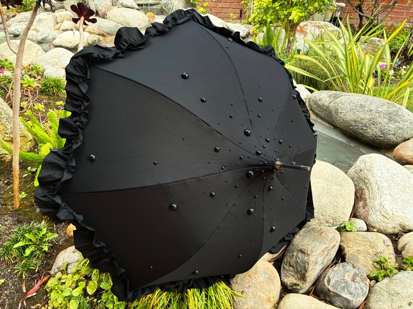 Margot Black Pearls and Ruffles Umbrella | Lisbeth Dahl European Pagoda