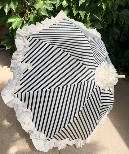 Stripes and Ruffles Umbrella | Cream Ruffle Topper | Fabric Cover Handle