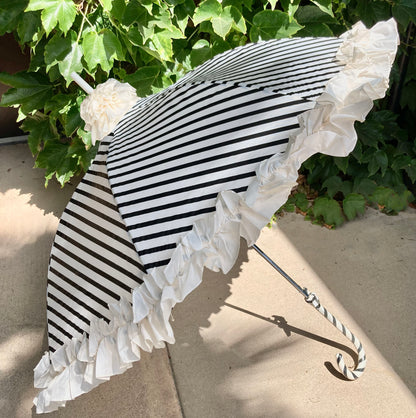 Stripes and Ruffles Umbrella | Cream Ruffle Topper | Fabric Cover Handle