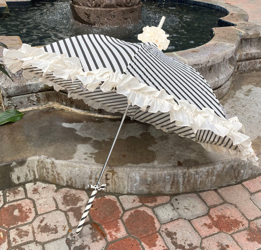 Stripes and Ruffles Umbrella | Cream Ruffle Topper | Fabric Cover Handle