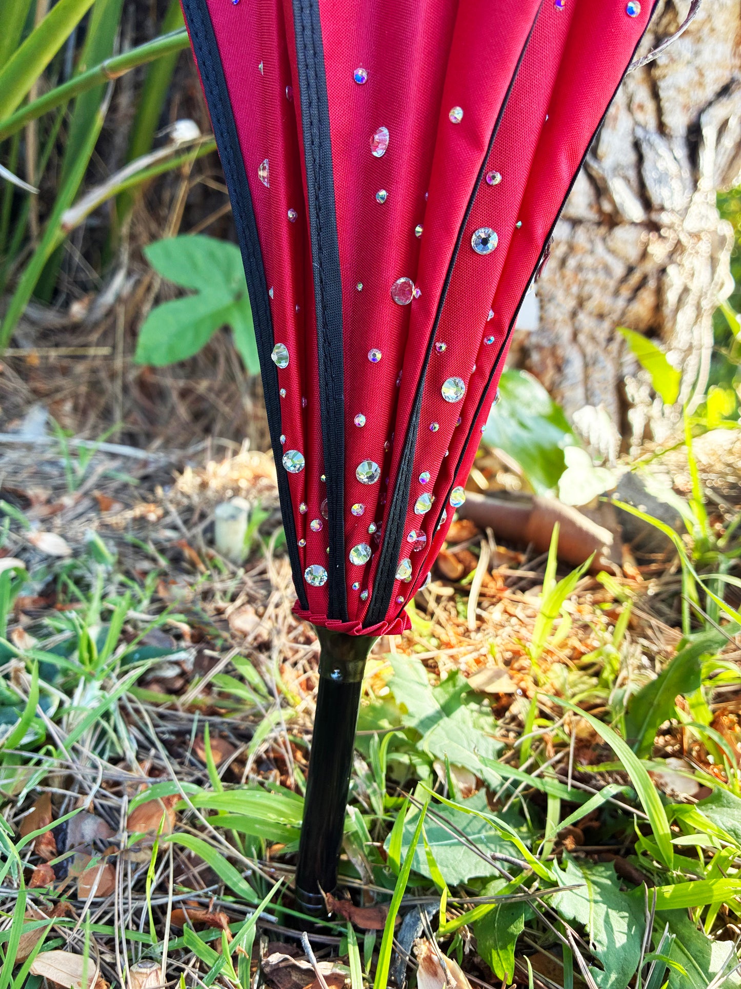 Ruby Swirl Umbrella | Hand Decorated with 400+ Clear and AB Rhinestones