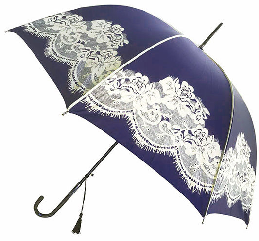 English Style Umbrella With Printed Lace | Navy Dome Shaped Canopy