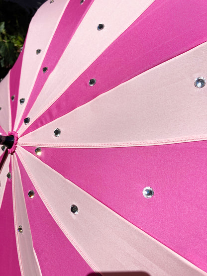 Pink Swirl Umbrella With Large Clear Rhinestones | Handmade for Rain and Sun protection