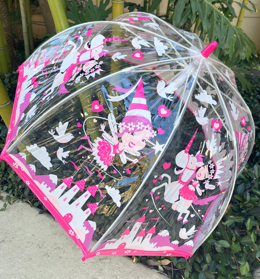 Bugzz® Clear Unicorn and Fairies Umbrella | Girl Pink Bubble Rain Accessory | Flexible Fiberglass Ribs