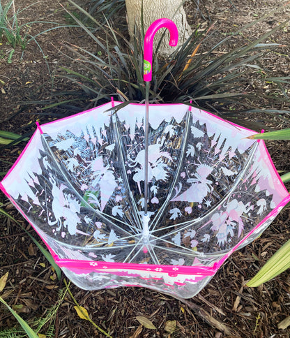 Bugzz® Clear Unicorn and Fairies Umbrella | Girl Pink Bubble Rain Accessory | Flexible Fiberglass Ribs