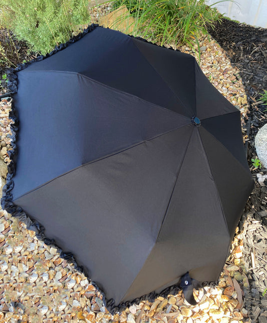 Lisbeth Dahl black folding Umbrella with ruffles | Automatic opening and closing | For rain or shade
