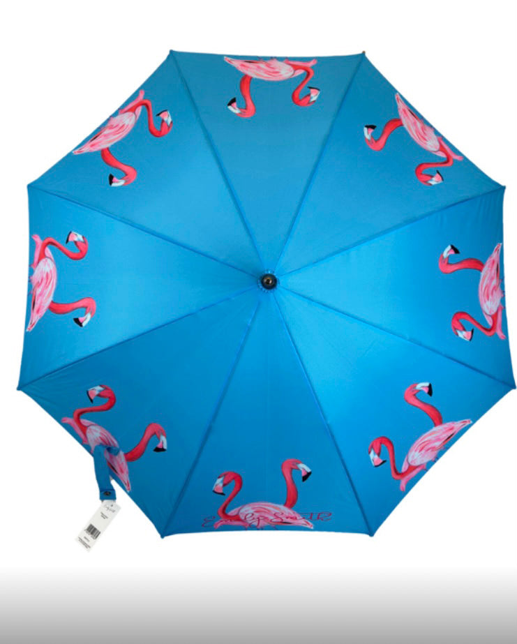 Flamingo Umbrella by Emily Smith England | Flossy and Amber Blue and Pink Design