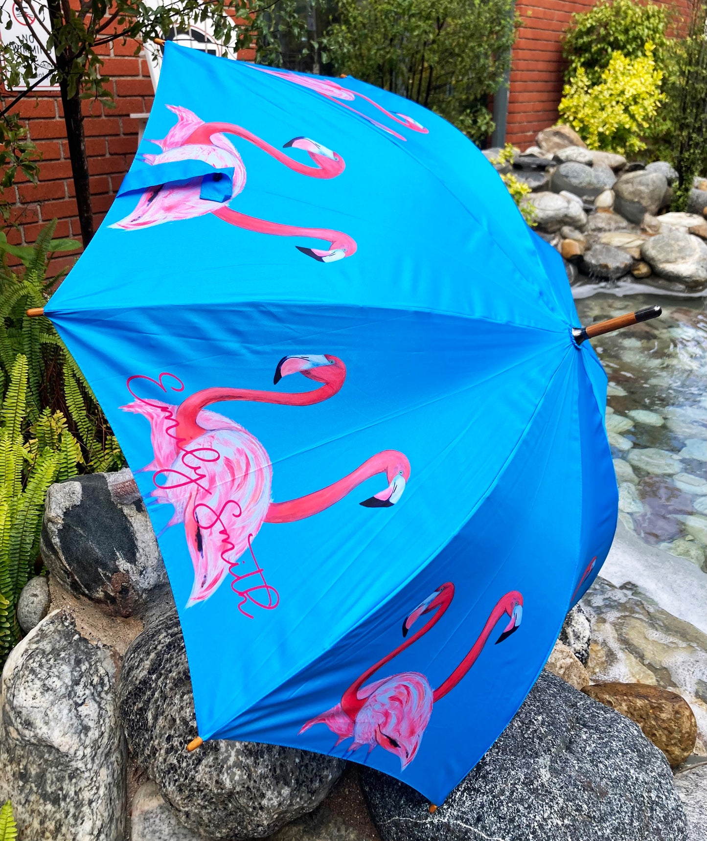Flamingo Umbrella by Emily Smith England | Flossy and Amber Blue and Pink Design