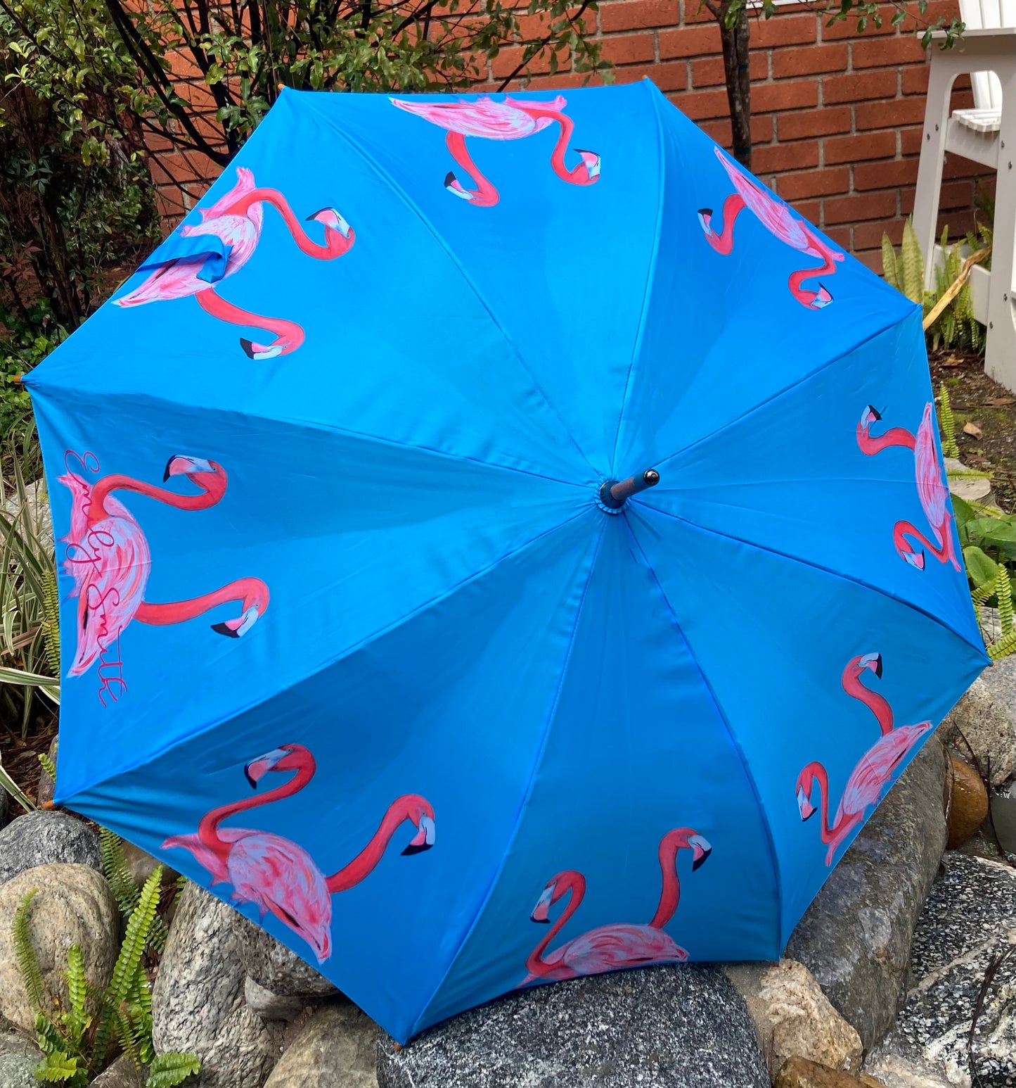 Flamingo Umbrella by Emily Smith England | Flossy and Amber Blue and Pink Design