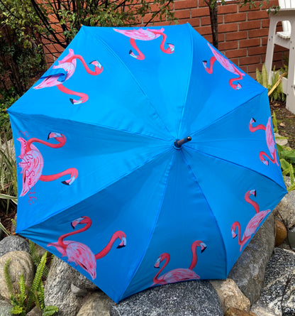 Flamingo Umbrella by Emily Smith England | Flossy and Amber Blue and Pink Design