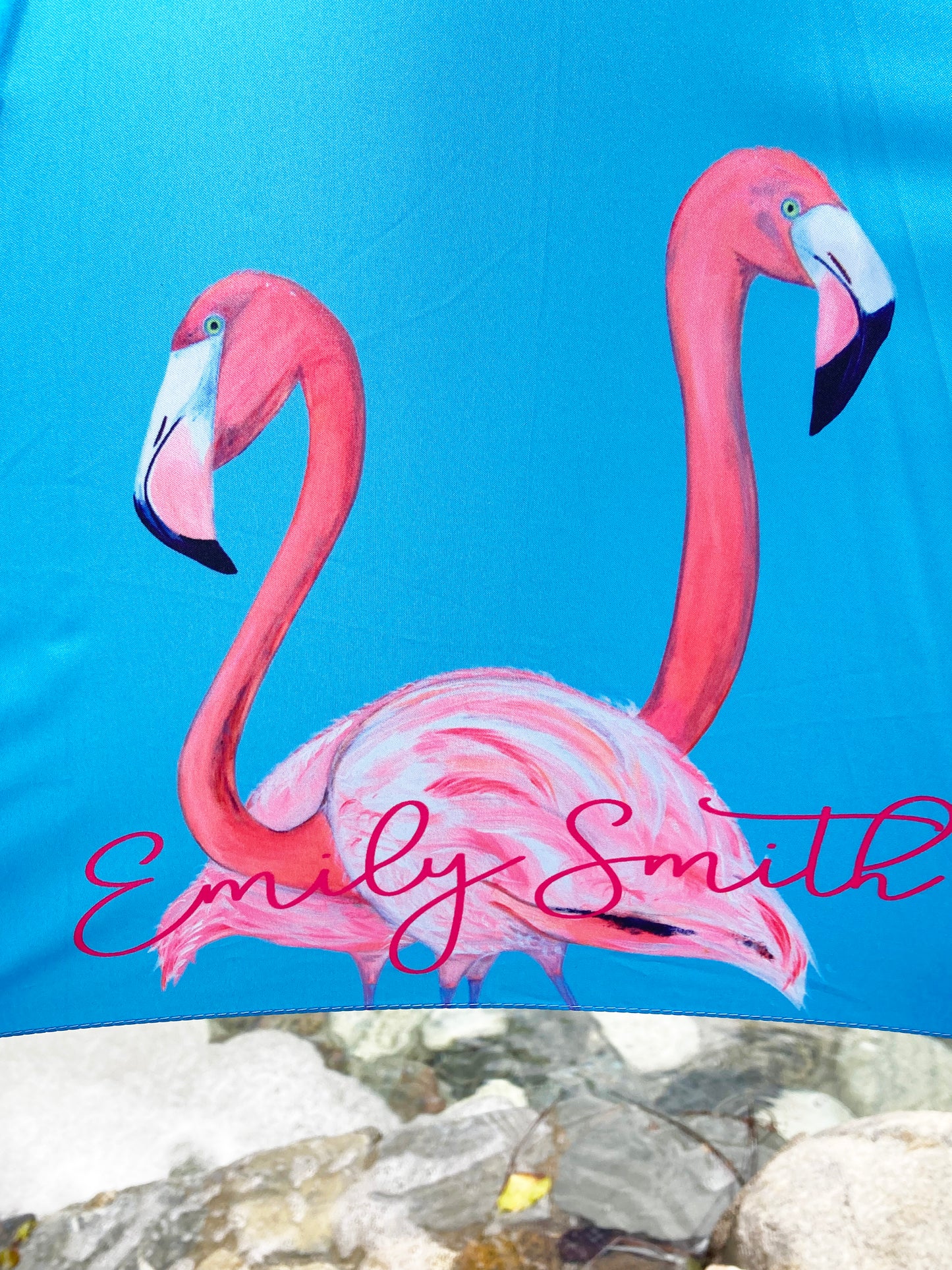 Flamingo Umbrella by Emily Smith England | Flossy and Amber Blue and Pink Design