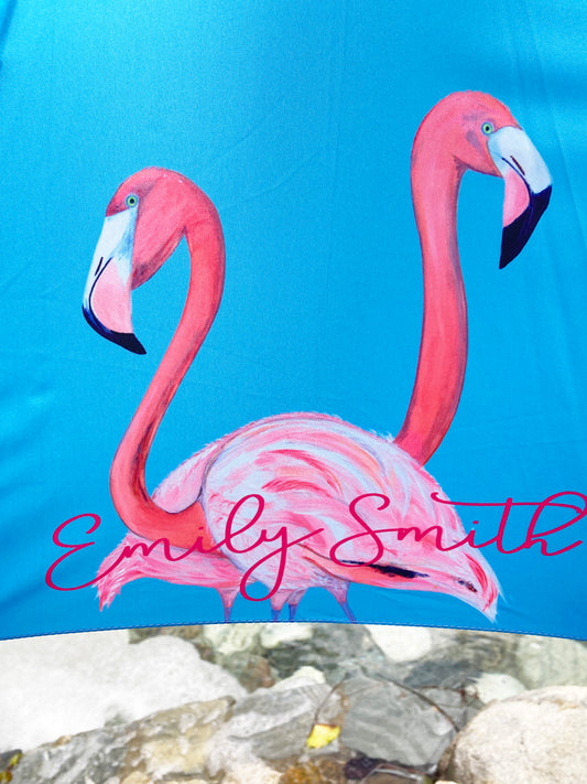 Flamingo Umbrella by Emily Smith England | Flossy and Amber Blue and Pink Design