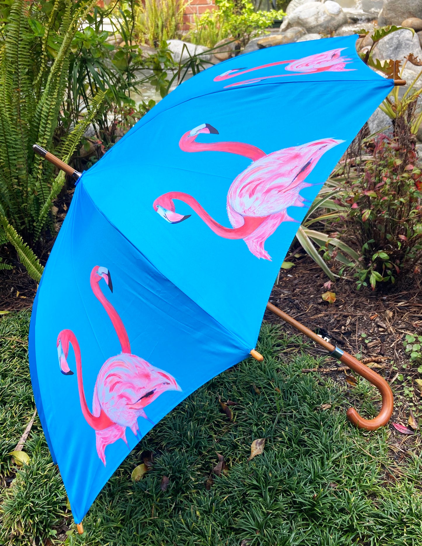 Flamingo Umbrella by Emily Smith England | Flossy and Amber Blue and Pink Design