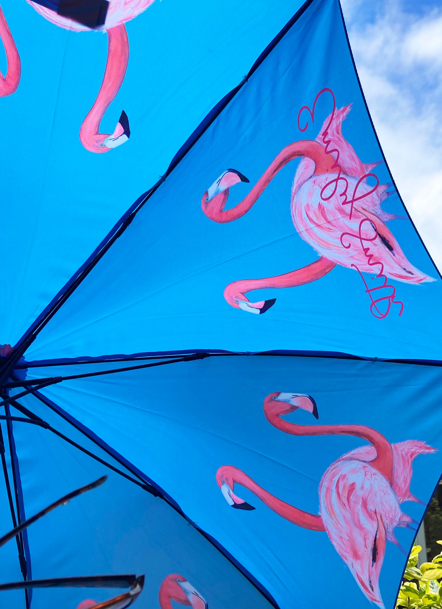 Flamingo Umbrella by Emily Smith England | Flossy and Amber Blue and Pink Design