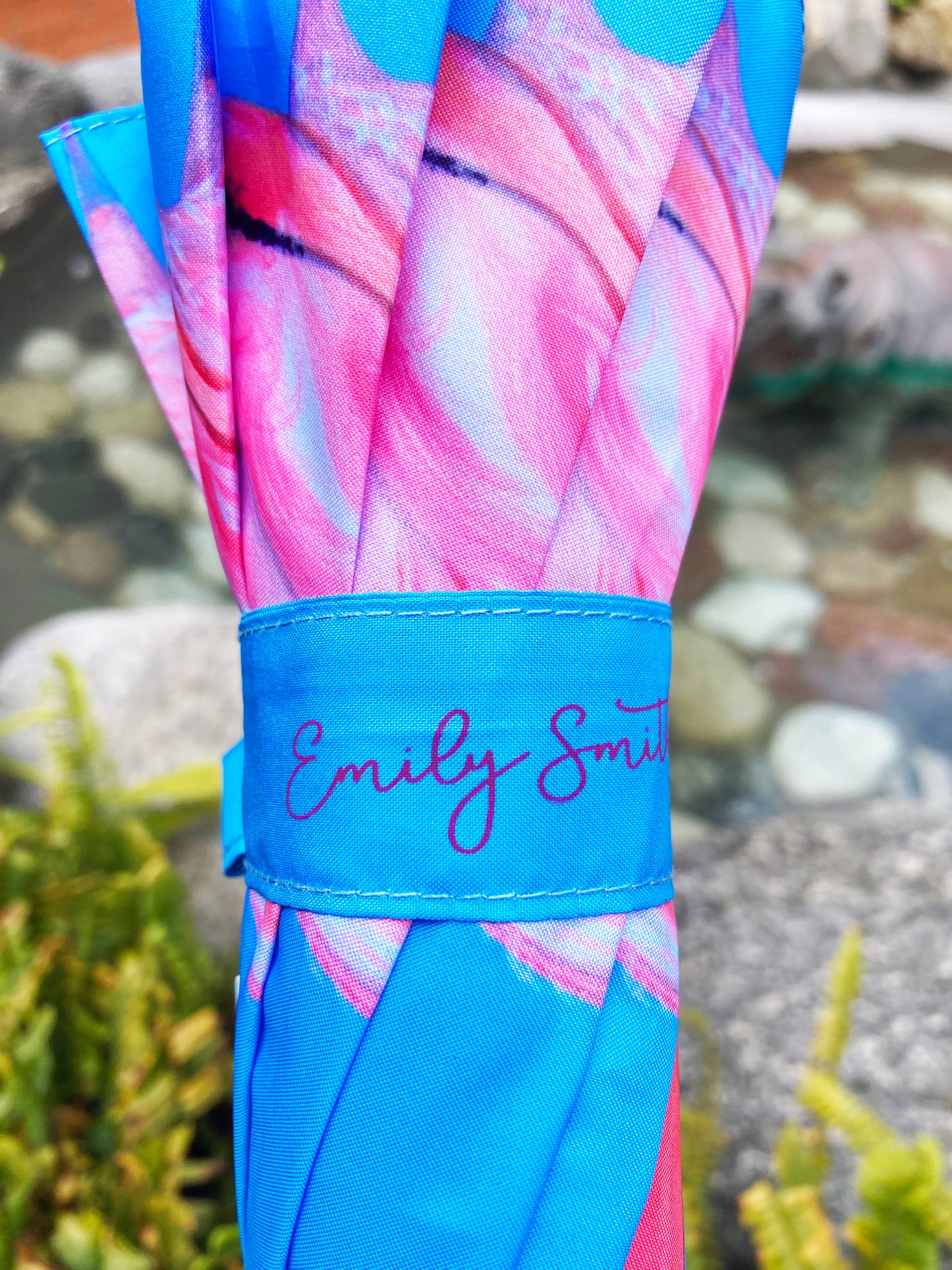Flamingo Umbrella by Emily Smith England | Flossy and Amber Blue and Pink Design