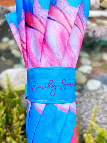 Flamingo Umbrella by Emily Smith England | Flossy and Amber Blue and Pink Design