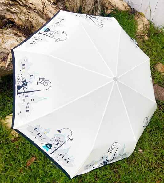 Parisian Cats Folding Umbrella | Sturdy Reinforced Ribs | Auto Open | 2-Step Closing System