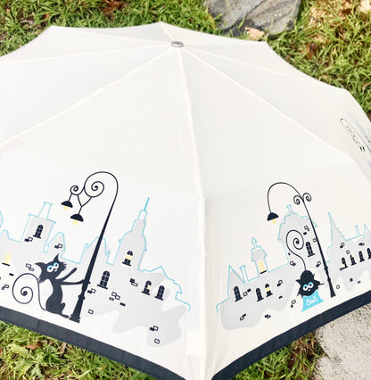 Parisian Cats Folding Umbrella | Sturdy Reinforced Ribs | Auto Open | 2-Step Closing System