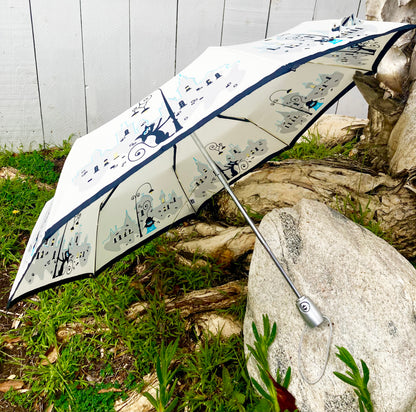 Parisian Cats Folding Umbrella | Sturdy Reinforced Ribs | Auto Open | 2-Step Closing System