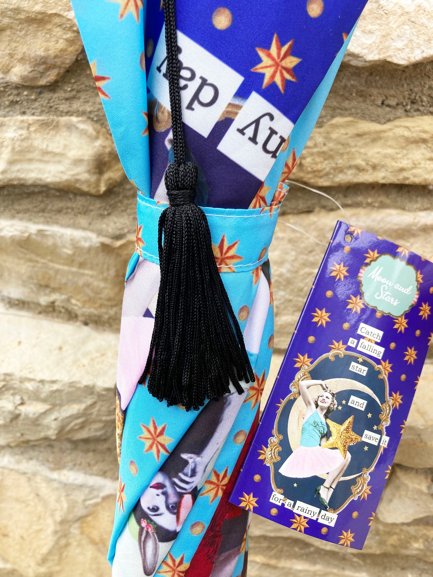 Colección de paraguas Darling Divas | Estilo vintage de los años 20 | "Lunas y estrellas" | Semiautomático | Garantía de un año.