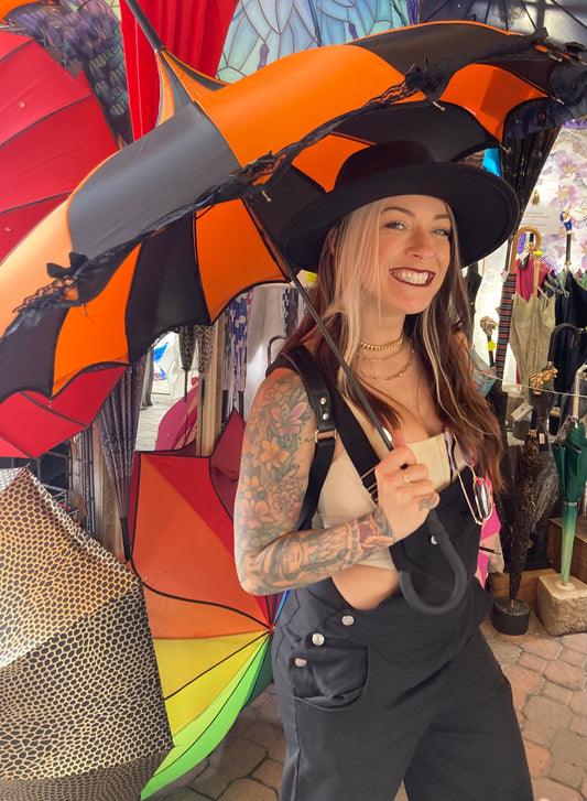 16 Panels Orange and Black Pagoda Umbrella | Ribbons and Lace Trim | Stylish Handle