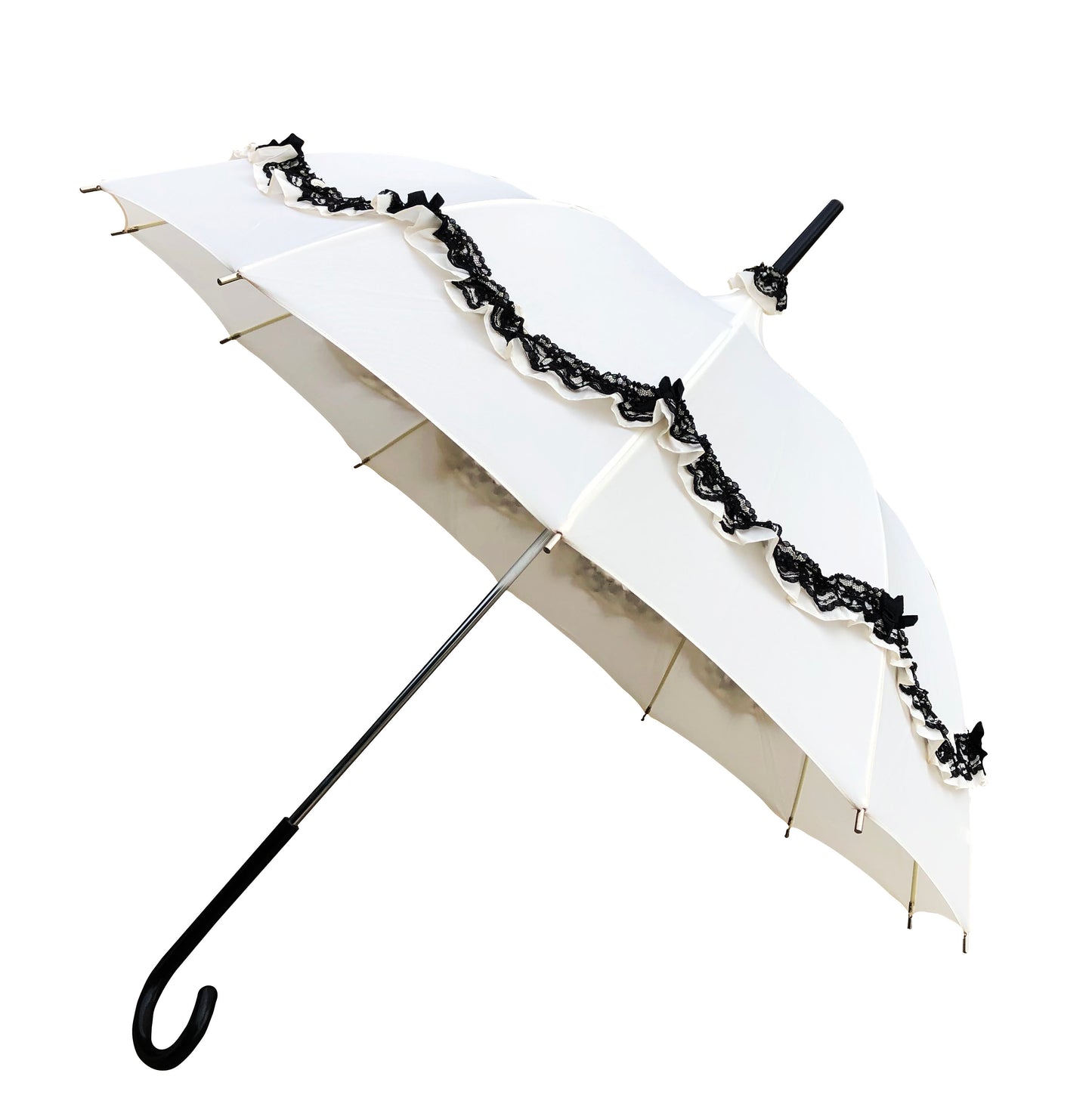 12 Panels Umbrella | Cream and Black Lace Trim With Bows | Beautiful Dome Shape