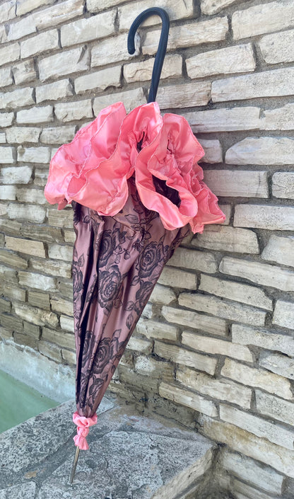 Dusty Pink Jacquard Umbrella | Twisted Black Leather Handle | Free Shipping