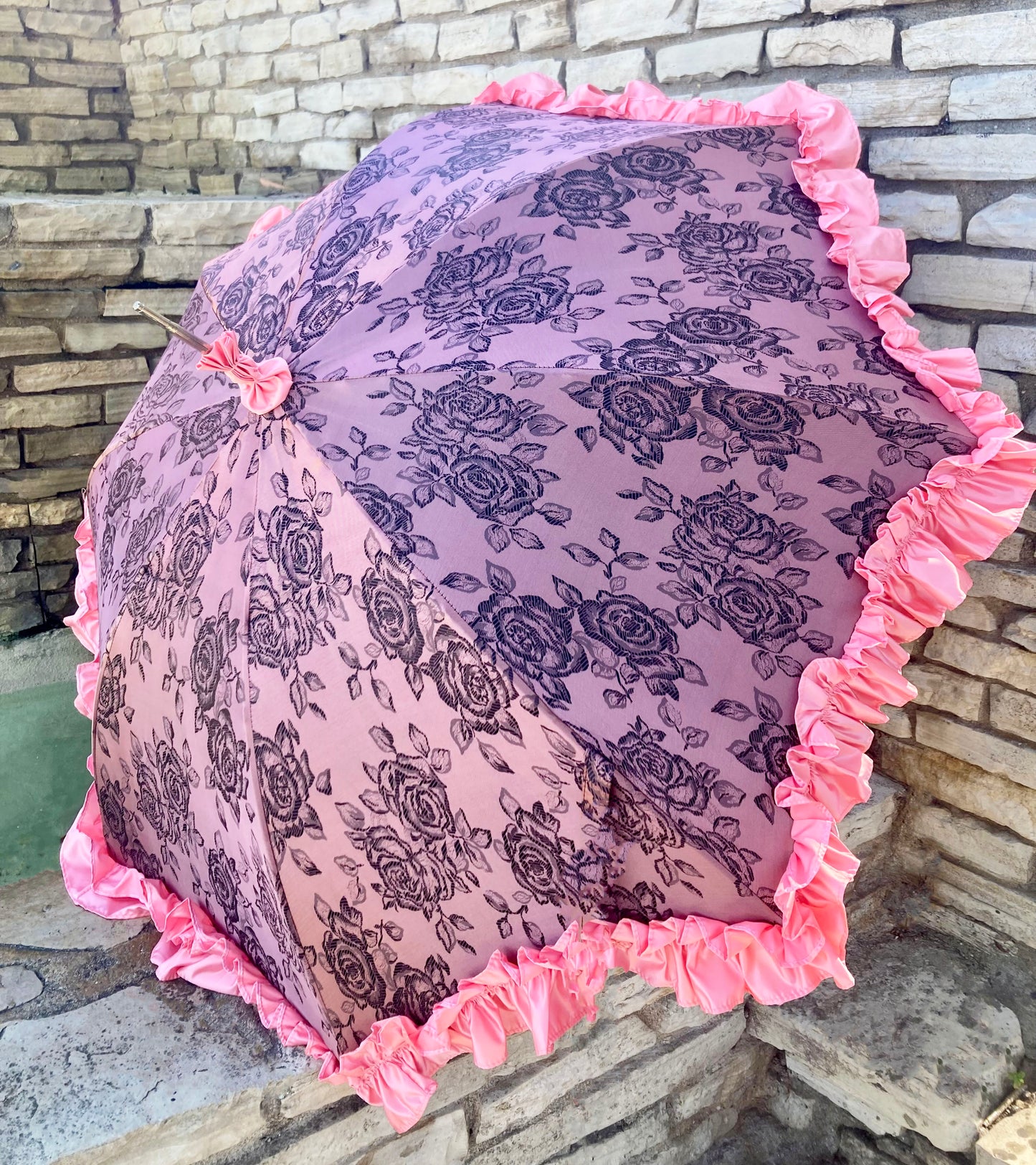 Paraguas Jacquard Rosa Empolvado | Mango de Cuero Negro Retorcido | Envío Gratis