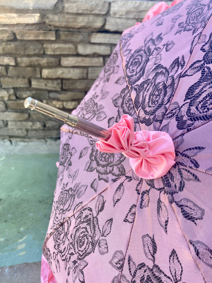 Dusty Pink Jacquard Umbrella | Twisted Black Leather Handle | Free Shipping