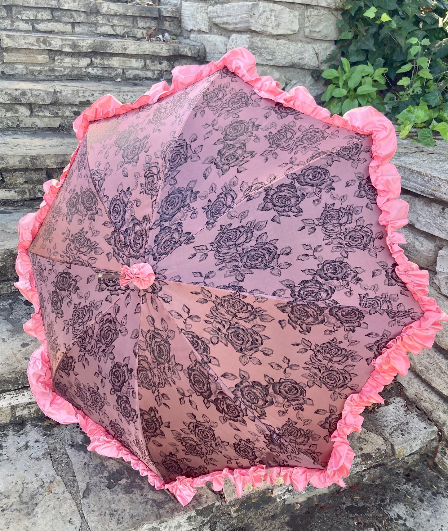 Paraguas Jacquard Rosa Empolvado | Mango de Cuero Negro Retorcido | Envío Gratis