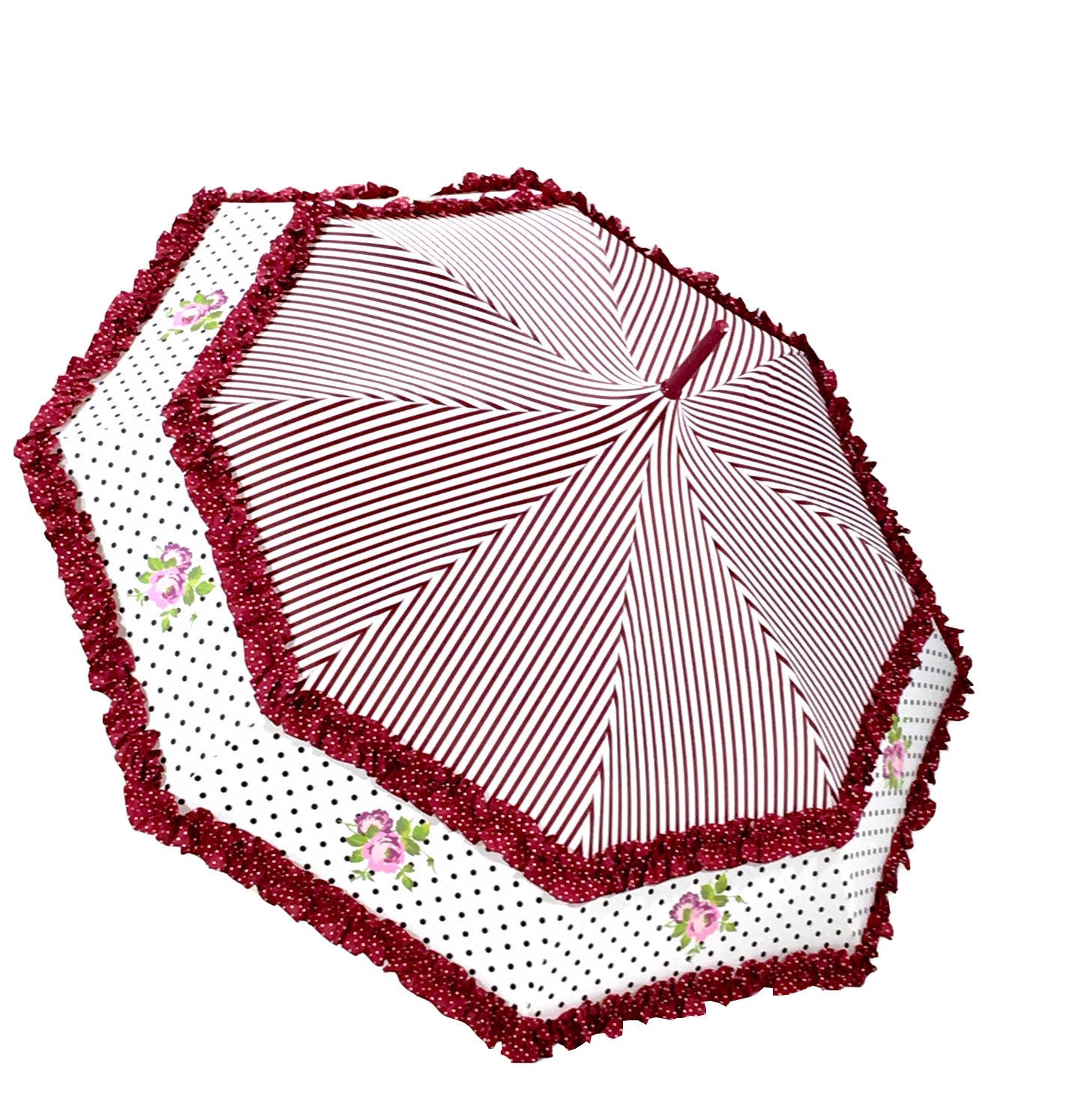 Diseño de rosa burdeos | Volante doble | Rayas y lunares