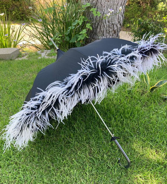 Rare Shaggy Parasol with Sewn on Marabou and Ostrich Trim | Handmade Invisible Stitches