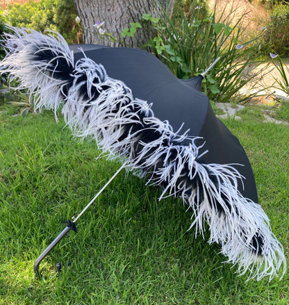 Rare Shaggy Parasol with Sewn on Marabou and Ostrich Trim | Handmade Invisible Stitches