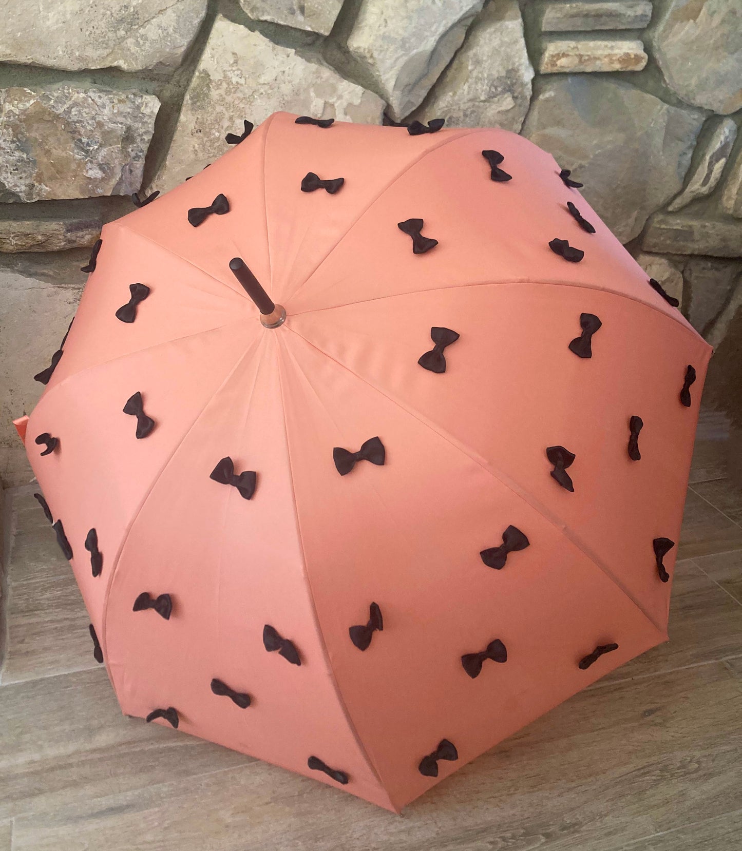 Paraguas Lolita color coral | Lazos de satén negro | Hecho a mano en Francia | Envío gratuito
