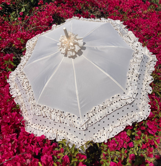 Double Frill Cream Umbrella with Polka Dots | Cream Ruffle Topper | Pagoda Shape